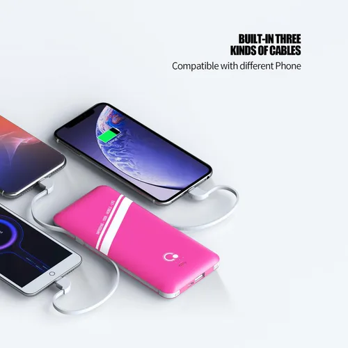 Vista 2 de Cargador portátil Q Slim de 10000 mAh, batería externa de 4 salidas con enchufe de pared de CA integrado, micro USB C, tres cables compatibles