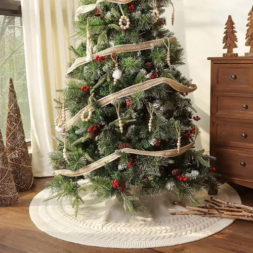 Vista 3 de Falda de árbol de Navidad de 48 pulgadas: anillos anuales de punto trenzado grueso, falda de árbol blanco crema, decoraciones rústicas gruesas