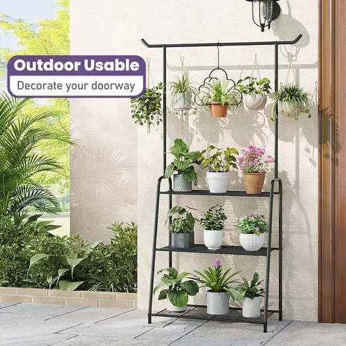 Vista 4 de Soporte de metal para plantas para interiores y exteriores, estante esquinero de 3 niveles de alto, escalera de flores colgante para sala de estar