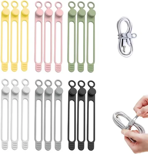 Vista 8 de Organizador de cables de datos, 2025 nuevas bridas de silicona elástica, bridas reutilizables para cables y alambres para agrupar y sujetar 6 PIEZAS