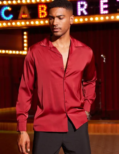 Vista 3 de COOFANDY Camisa de seda de lujo para hombre, camisa de vestir de satén de manga larga con botones brillantes, para baile de graduación, boda, fiesta