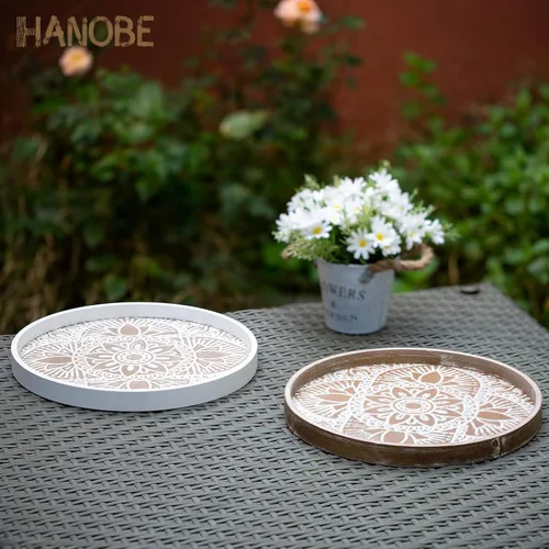 Vista 8 de Hanobe Bandeja decorativa redonda bohemia para mesa de café, patrón de Marrón loto