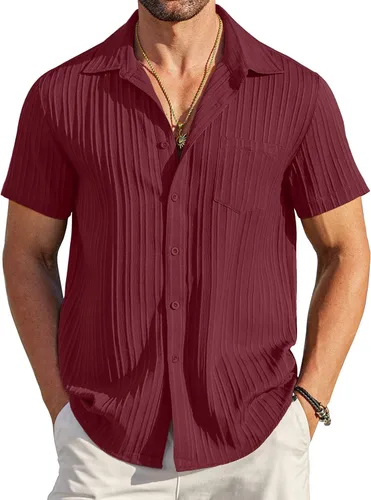 Vista 37 de COOFANDY - Camisas de botones casuales para hombre, de manga corta, con textura, camisa de playa de verano con bolsillo