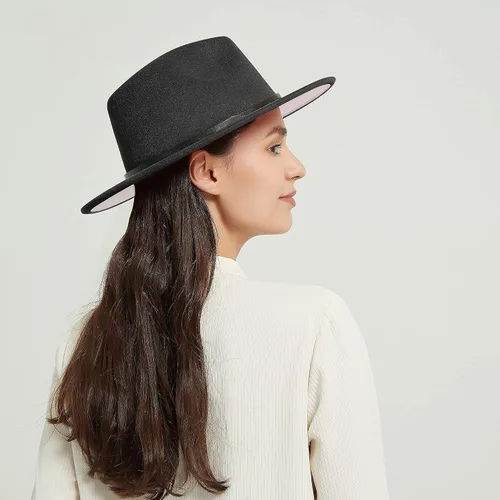 Vista 7 de jingsha Sombreros Fedora para hombres y mujeres de ala ancha Fedora de fieltro de Panamá, sombreros de vestir para hombre con hebilla de cinturón