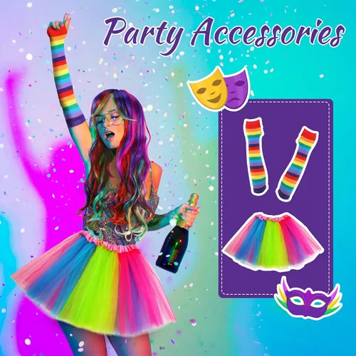 Vista 7 de SATINIOR Juego de 6 piezas de accesorios de Halloween para mujer, disfraz de los años 80 del orgullo arcoíris
