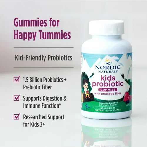 Vista 3 de Nordic Naturals Gomitas probióticas Kids Nordic Flora para niños, Merry Berry Punch - 60 gomitas - 1.5 mil millones de CFU y fibra prebiótica - sin