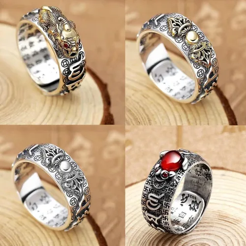 Vista 6 de choice of all Anillo Pixiu Feng Shui para mujeres y hombres, anillo sutra de corazón budista, apertura ajustable, amuleto de mantra, protección