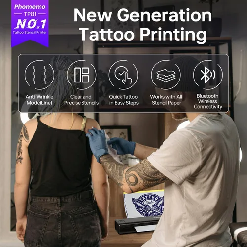 Vista 2 de Phomemo Impresora de plantillas de tatuaje actualizada, TP81 impresora de tatuaje Bluetooth con 10 piezas de papel de transferencia, compatible