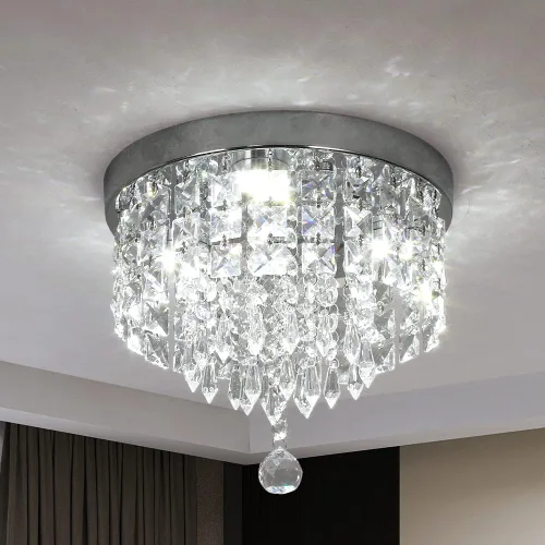 Vista 5 de Deckrico Candelabro de cristal moderno LED para techo, montaje empotrado, de acero inoxidable, pantalla de luz con cuentas para dormitorio, comedor
