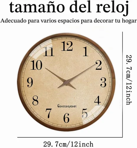 Vista 2 de Reloj de pared de madera maciza con pilas de 12 pulgadas Marrón