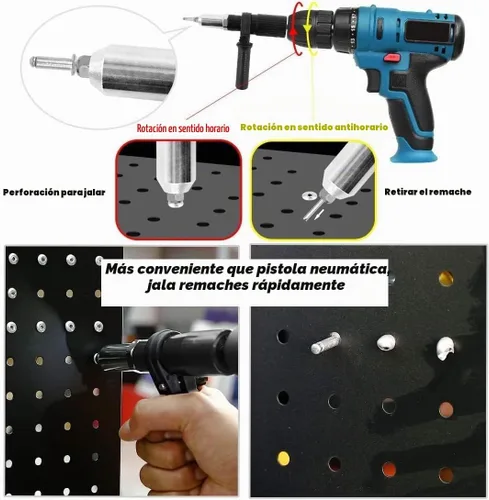 Vista 4 de Herramienta de remache pop, kit adaptador profesional de remachador inalámbrico, accesorio de taladro de tuerca remachadora para taladro eléctrico