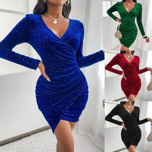 Vista 9 de vunahzma Women's Mini Wrap Dress V Neck Long Sleeve Velvet Bodycon Glitter Ruched Cocktail Party Dresses