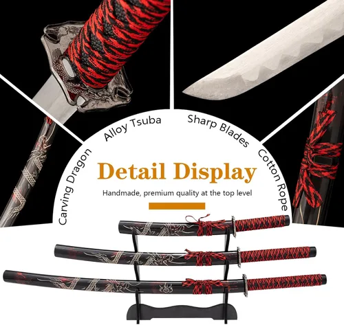 Vista 2 de 3-Piece Set Katana Carbon Steel Blade Japanese Samurai Sword Real,Iaido Samurai Sword Display Decoration Gift Rojo