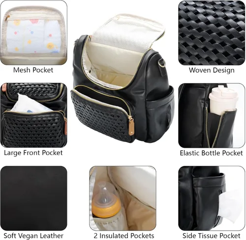 Vista 2 de Minsong Mochila para pañales, mochila pequeña para pañales para mamá con cambiador, elegantes bolsas de pañales de viaje de cuero vegano (negro)