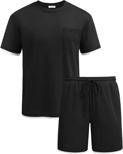 Vista 6 de COOFANDY Conjunto de camisa y pantalones cortos de gofre para hombre, conjunto de 2 piezas, conjunto casual de verano con bolsillos