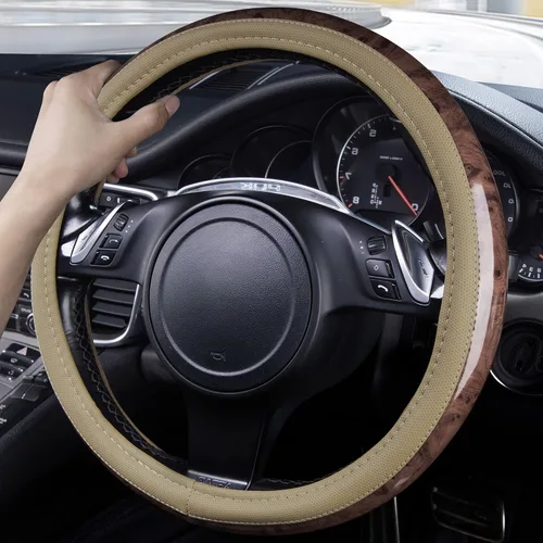 Vista 3 de CAR PASS - Funda de volante de cuero de grano de madera de 14.5-15 pulgadas de microfibra, diseño antideslizante con vetas, funda universal