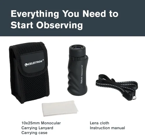 Vista 13 de Celestron – Monocular Nature 10x25 – Ideal para senderismo y observación de vida silvestre – Ópticas multicapa – Lente objetiva de 25mm – Prisma