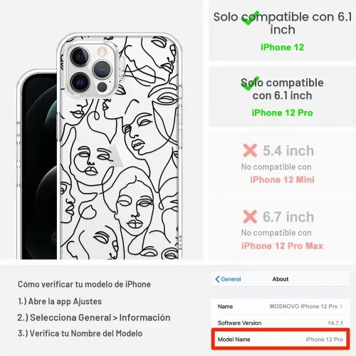 Vista 2 de MOSNOVO - Funda para iPhone 12/12 Pro, protección Buffertech de grado militar contra caídas (6.6 pies), antidesprendimiento, poliuretano