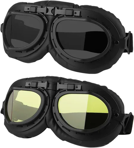 Vista 13 de LJDJ Gafas de motocicleta, paquete de 2 gafas de montar estilo piloto vintage, gafas de hombre ardiente para hombres, mujeres, jóvenes y adultos