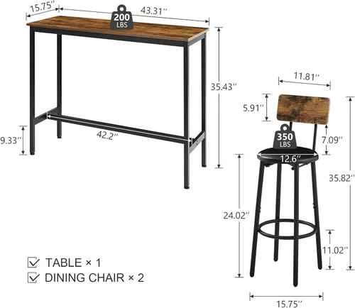 Vista 3 de Juego de mesa de comedor de 3 piezas para 2, mesa de bar moderna y sillas para cocina de espacio pequeño, juego de comedor rectangular de madera
