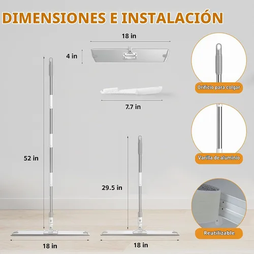 Vista 3 de Trapeador plano de microfibra para limpieza de pisos, base de aluminio de 18 pulgadas (17.7 pulgadas/17.7 in), mango ajustable de acero inoxidable