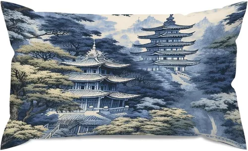 Vista 22 de Chinoiserie - Fundas de almohada decorativas de porcelana azul y blanca con patrón de edificios de estilo chino de 12 x 20 pulgadas, fundas de cojín