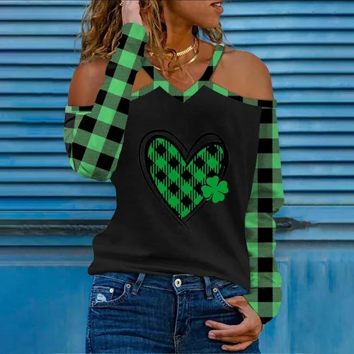 Vista 2 de Women St Patricks Day Shirt 2024 Cold Shoulder Cute Heart Print Irish Blouses Green Shamrock Graphic Tees Pullover