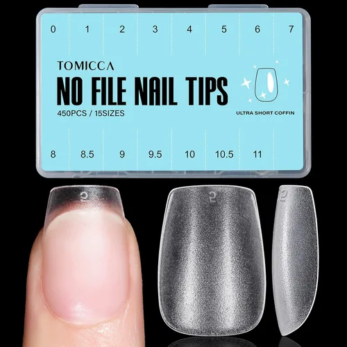 Vista 28 de TOMICCA Puntas de uñas extra cortas en forma de ataúd, 240 piezas de uñas postizas acrílicas de cobertura completa para manicura con extensión, 15
