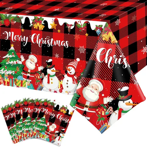 Vista 8 de Tiamon 3 piezas de mantel de Navidad 54 x 108 pulgadas, rojo, negro, mantel a cuadros de búfalo para mesa rectangular, mantel desechable de plástico