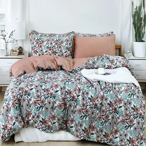 Vista 29 de Helthep Funda de edredón floral tamaño Twin, 100% algodón, con estampado de flores rosas, funda de edredón vintage botánica con hojas verdes, funda