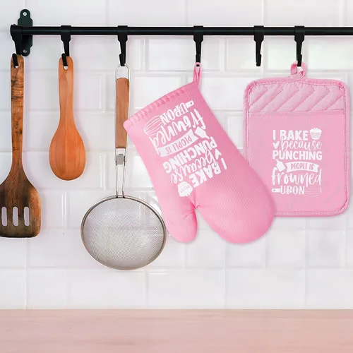 Vista 5 de 6 guantes de algodón para horno, soportes para ollas, resistentes a las mujeres, resistentes a la máquina, guantes de microondas con lazo