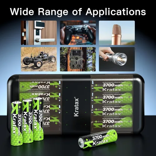 Vista 9 de Kratax 3700mWh AA Rechargeable Lithium Batteries with Charger, 12pack high Capacity Double A li-ion Batteries 1.5v, Long Lasting, Ultra-Thin Battery