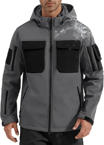 Vista 9 de FREE SOLDIER Chaqueta impermeable Softshell con forro polar para hombre, chaqueta táctica militar con capucha rompevientos