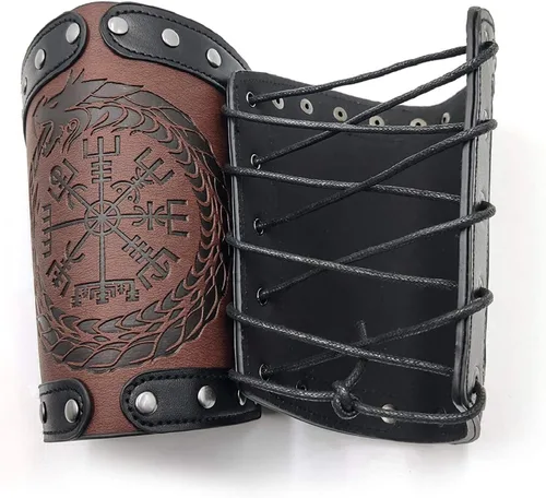 Vista 6 de Medieval Leather Bracers Embossed Viking Knight Cosplay Arm Guard Jormungandr Brazo de cuero Armadura-marrón (2pcs)