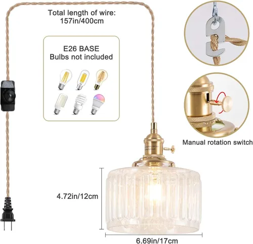 Vista 2 de Luminarias de Lámpara Colgante, Lámpara Colgante con Enchufe de Cristal de 6.6 Pulgadas, Lámpara Colgante de Cristal, Iluminación Colgante E26