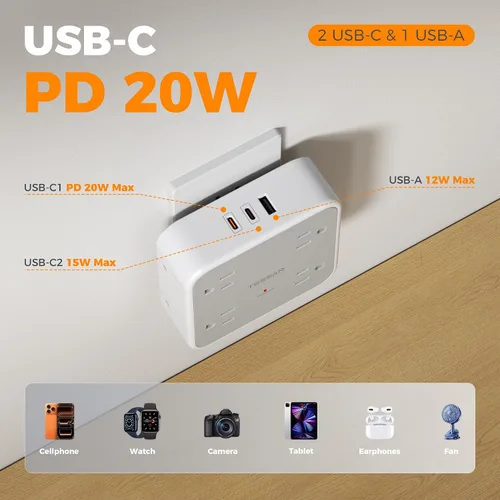 Vista 3 de TESSAN PD - Extensor de salida con protector de sobretensiones de 20 W