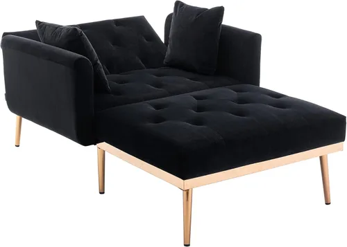 Vista 4 de Tumbona de terciopelo 2 en 1 para interiores, moderno sofá cama individual con dos almohadas, respaldo ajustable, silla reclinable convertible