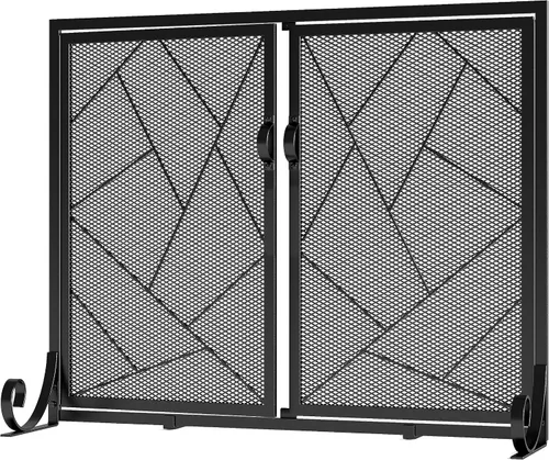 Vista 2 de Fire Beauty Pantalla de chimenea con puertas con bisagras Borde de hierro fundido, marco de acero resistente, malla metálica duradera, protector