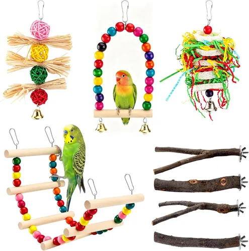 Vista 8 de 5 piezas de percha de madera natural para pájaros - Juego de perchas de rama recta y bifurcada, accesorios para jaula de pájaros para aves pequeñas