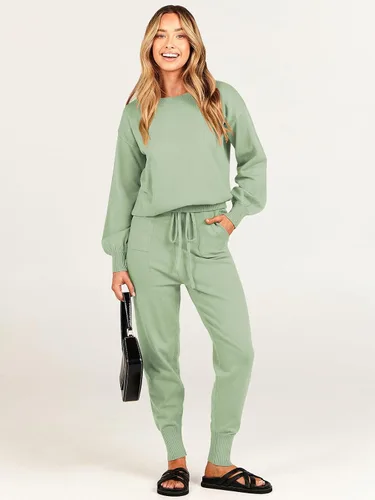Vista 6 de ANRABESS - Conjunto de dos piezas para mujer, conjunto de suéter de manga larga sin botones y pantalones con cordón