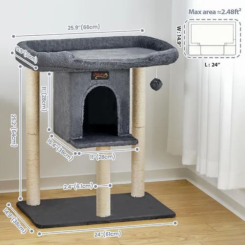 Vista 9 de Torre Rascador para Gatos Grandes de Interior, Árbol Pequeño para Gatos con Cama de Percha Grande, Casa de Árboles de 28 Pulgadas de Alto con Cueva