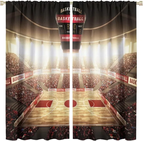 Vista 33 de Cortinas deportivas de baloncesto para niños, patrón de llama de bola 3D naranja, 42 pulgadas de ancho x 45 pulgadas de largo