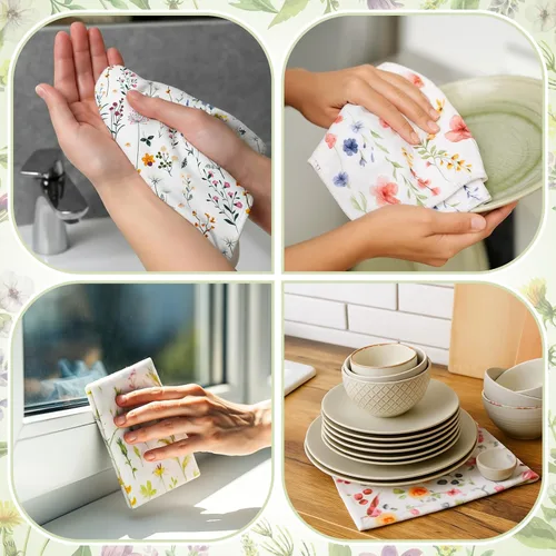 Vista 6 de Paquete de 6 paños de cocina reutilizables, toallas de algodón, flores silvestres