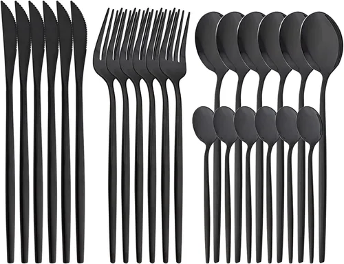 Vista 23 de Juego de cubiertos de acero inoxidable 18/0 con espejo, 24 piezas, incluye cuchillo, tenedor, cuchara, cucharadita, cubiertos para el hogar, Dorado