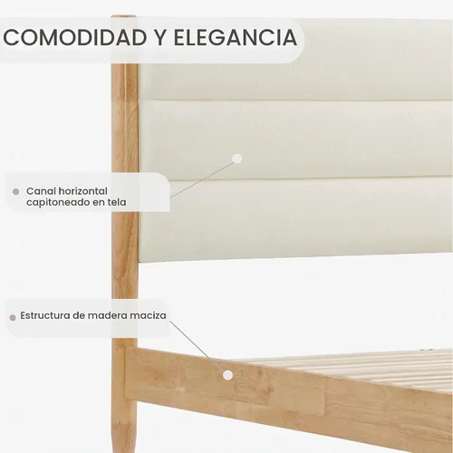 Vista 4 de KISLOT Marco de cama de madera con cabecero tapizado, base de plataforma para colchón, soporte de listones de madera resistente, no necesita somier