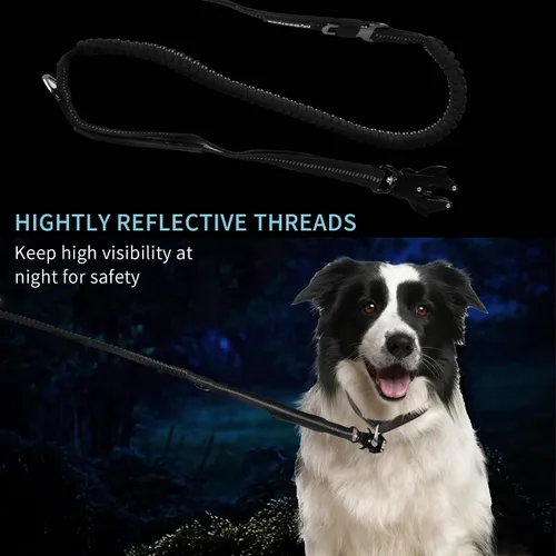 Vista 6 de Correa táctica resistente para perro de 4 a 6 pies, elástica reflectante con clip de rana, dos asas acolchadas para perros grandes, cinturón