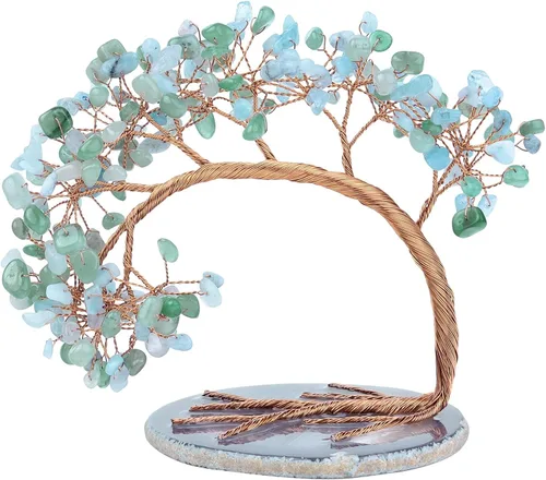 Vista 10 de SUNYIK Árbol de dinero de aguamarina curativa, árbol bonsái de cristal Fengnshui hecho a mano con base de ágata para suerte de riqueza, decoración