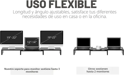 Vista 4 de TAVR - Soporte para monitor doble, organizador de escritorio de oficina para 2 monitores, longitud y ángulo ajustables, 3 estantes, soporte