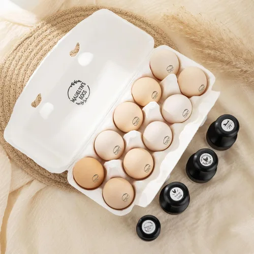 Vista 3 de Sellos de huevos personalizados para huevos frescos, sellos de huevos personalizados para pollo de granja, 24 estilos disponibles con texto y caja