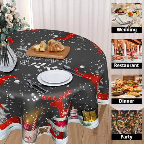 Vista 4 de Giwawa Mantel redondo de gnomo de invierno, mantel reutilizable de elfo de Navidad, 60 pulgadas, diseño de copo de nieve, alce, resistente al calor